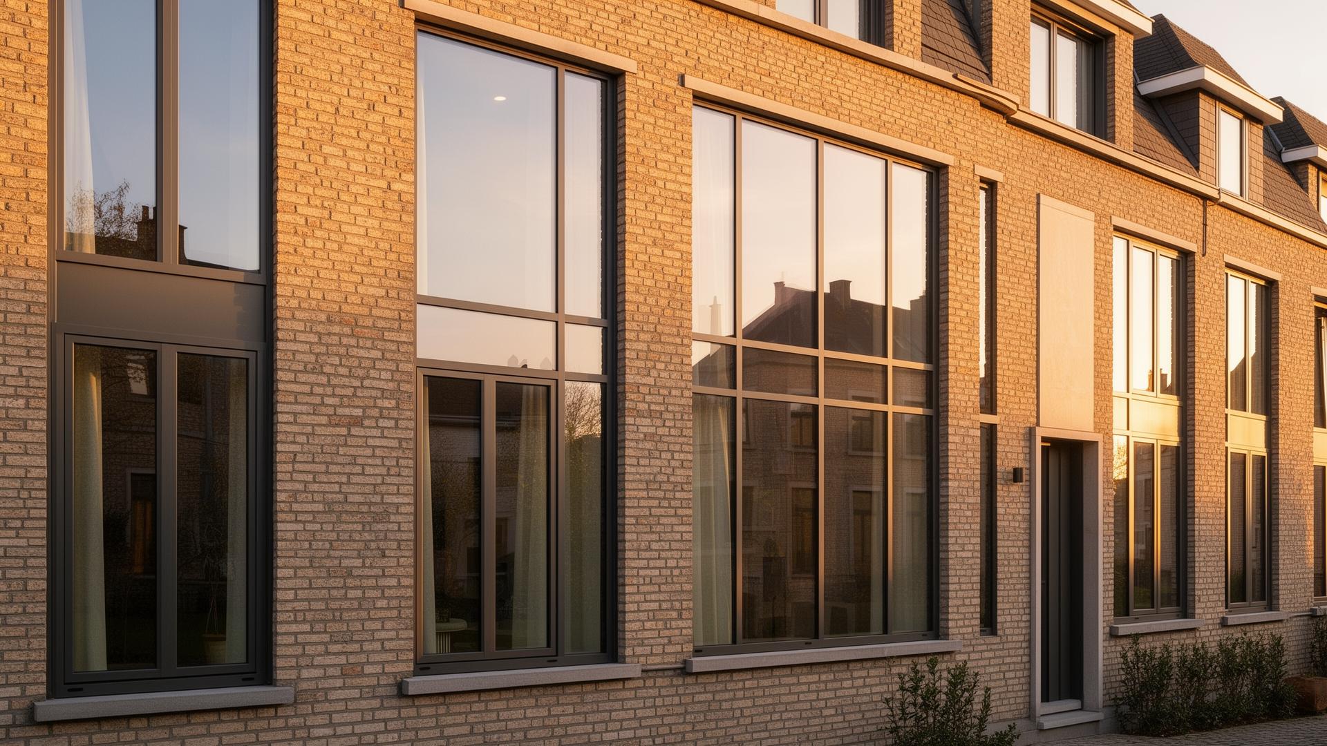 Châssis aluminium noirs installés sur une façade en briques typique de Bruxelles